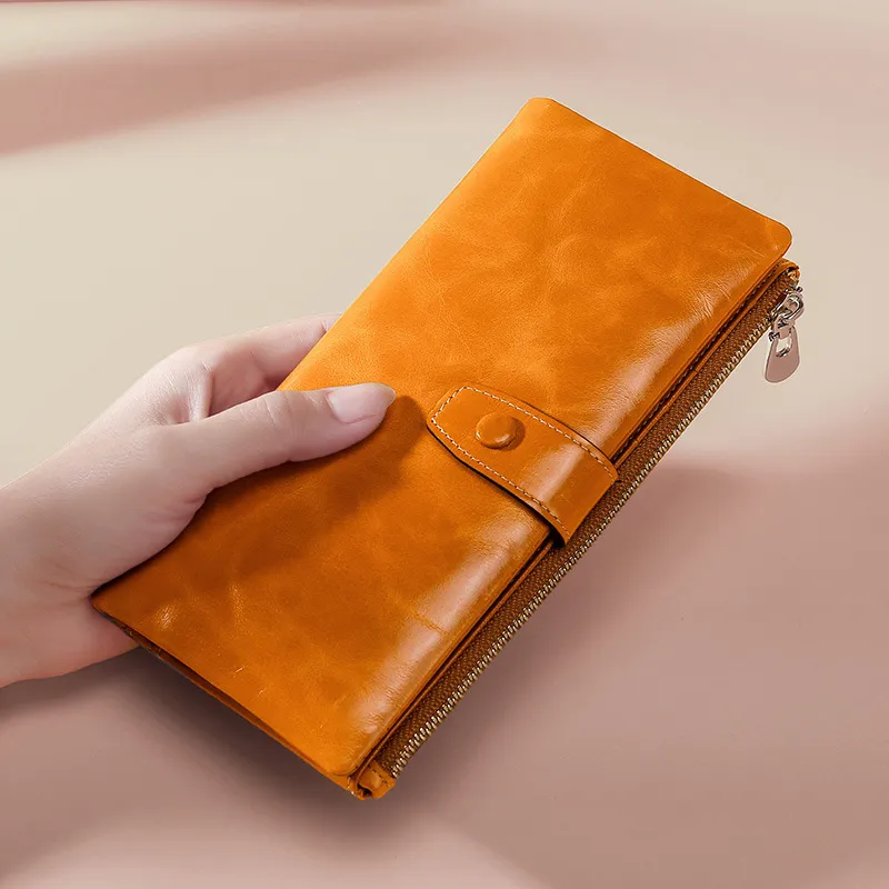 RFID Abschirmung Echtes Rindsleder Lange Brieftasche Für Damen Vintage Business Ölwachs Leder Kartenhalter Geldbörse Mit Reißverschluss