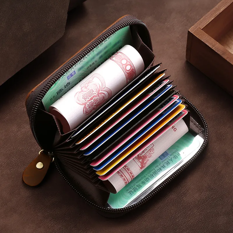 Retro Cowhide Leather Card Holder With Dragon Embossing Zipper Multi Slot Wallet For Men Women Slim Driver License Case