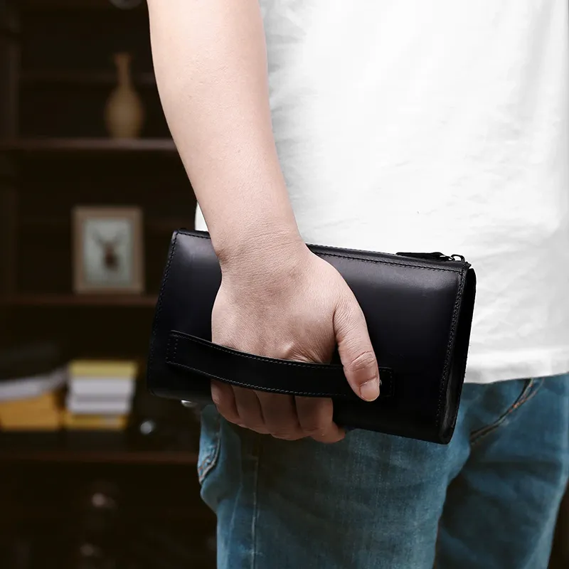 Top Grain Rindsleder Lange Brieftasche Für Herren Business Clutch Handtasche Doppelter Reißverschluss Multifunktion Vintage Handy-Tasche Beutel Rindsleder Geldbörse
