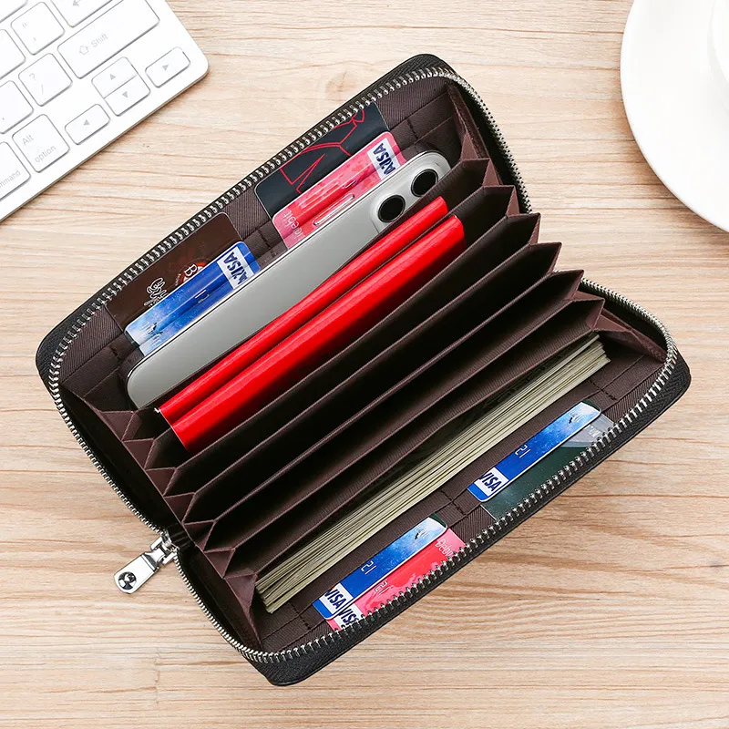 Portacarte in vera pelle con blocco RFID per Unisex Grande capacità Portapassaporto Portafoglio multifunzionale con cerniera lunga Organizer