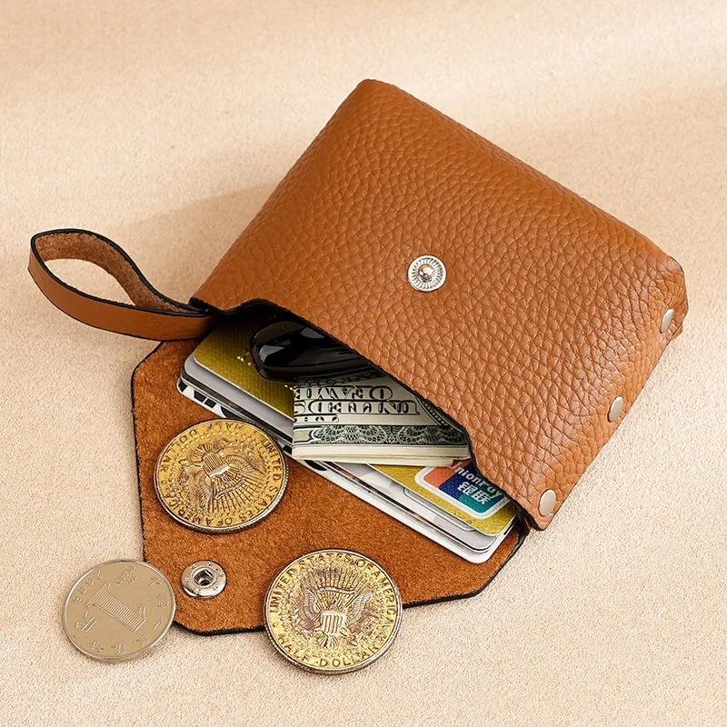 Monedero de Cuero Genuino para Mujer Primera Capa Piel de Vaca Cartera Pequeña Textura de Lichi Mini Bolsa Con Correa de Muñeca Botón de Presión para Llaves Tarjetas