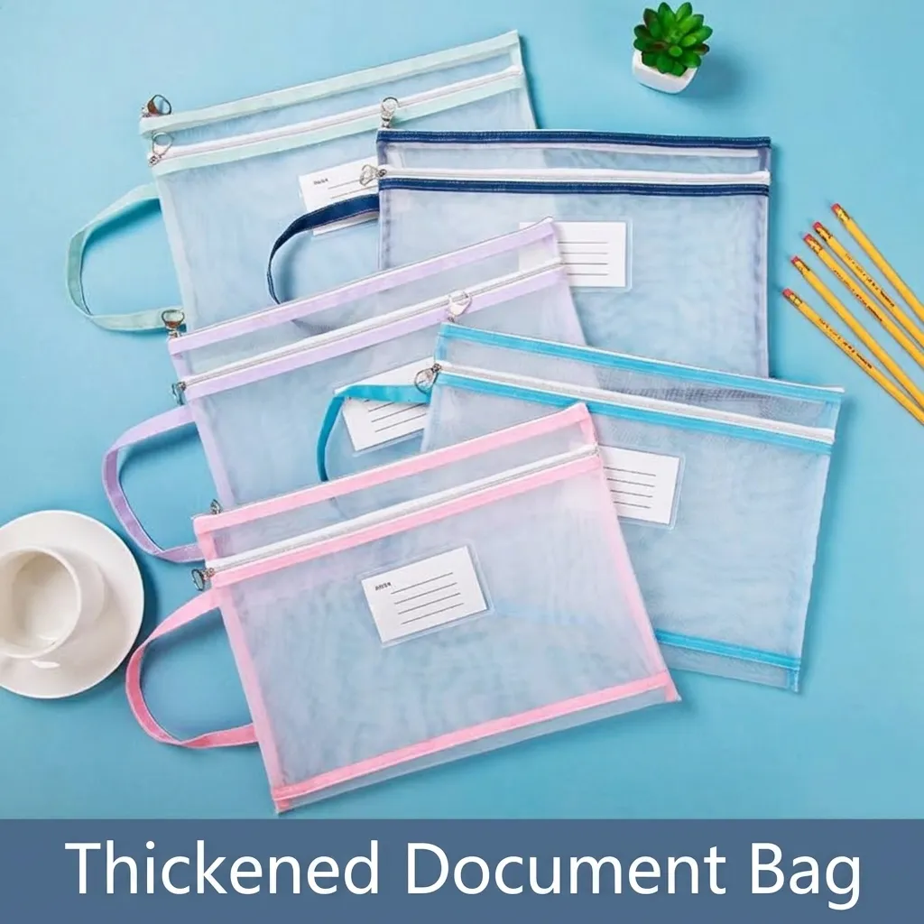 A4 Nylon Mesh Document Bag Double Layer Thickened Zippered File Pouch Student Examination Paper Organizer Box Holder Handle Index Label Storage Bag