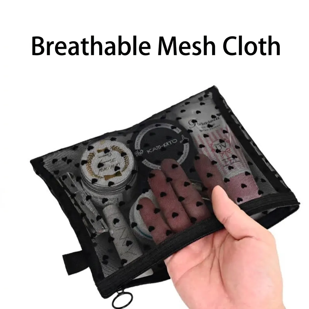 Beflocktes Herz Transparentes Netzgewebe Aufbewahrungstasche Minimalistische Makeup-Tasche Reise-Kulturbeutel Mit Ringreißverschluss