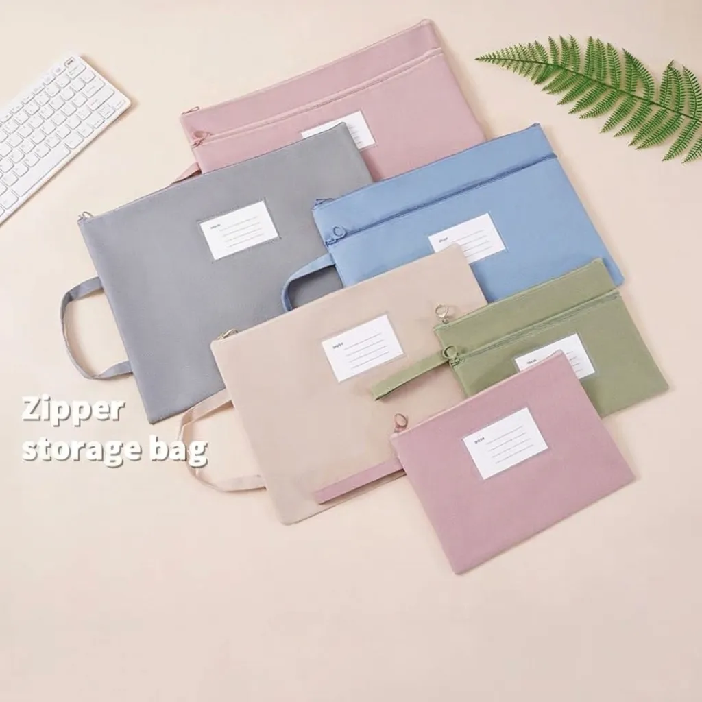 Waterproof Oxford Cloth Handheld Document Bag Morandi Color File Folder With Zipper Index Label Filing Storage Bag For Office School B4 A4 A5