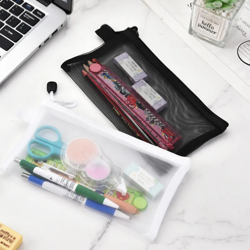 Trousse en Maille Transparente Minimaliste Grande Capacité Portable Pochette de Papeterie à Fermeture Éclair pour Étudiants Fournitures de Bureau