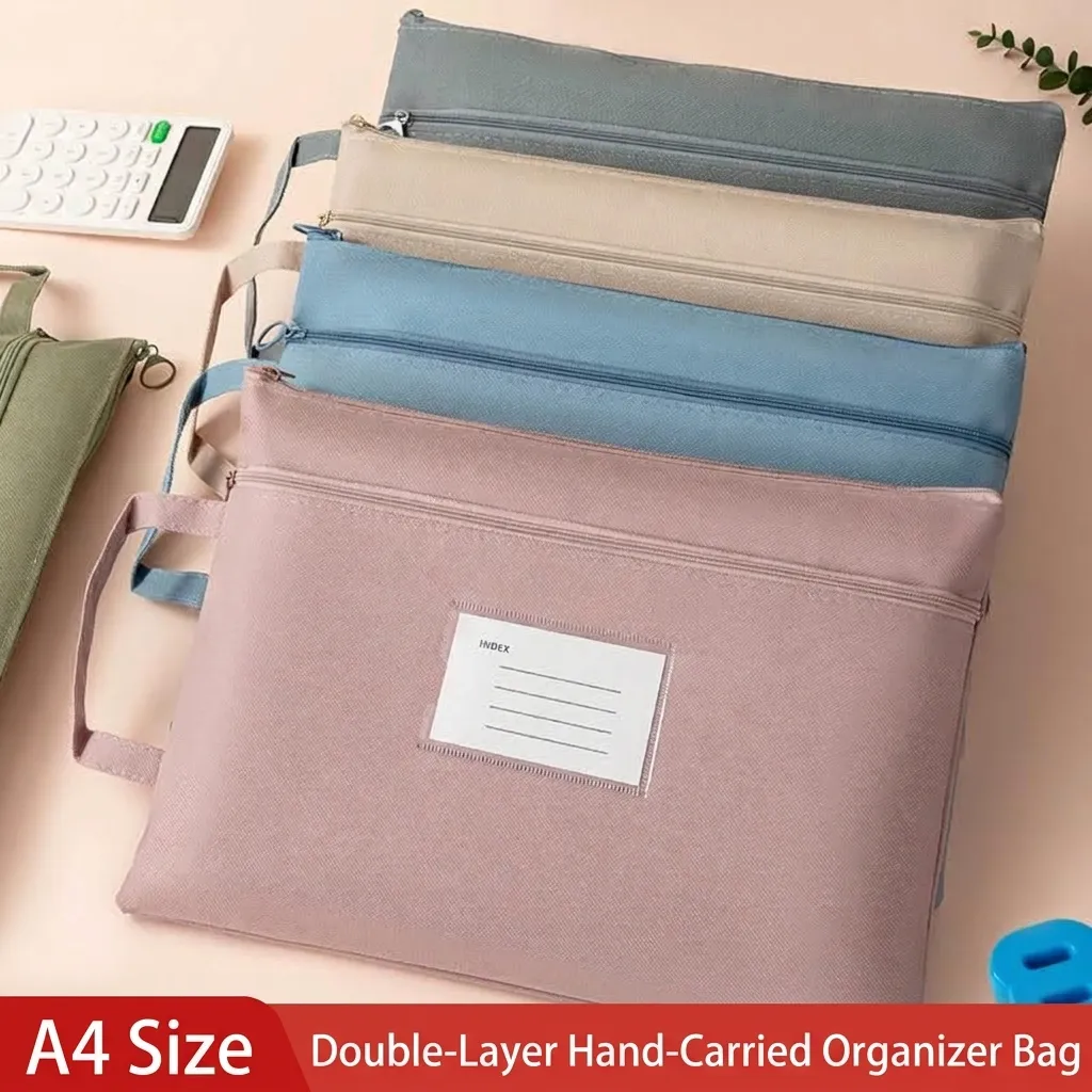 Minimalist Morandi Oxford Cloth Waterproof Document Bag Large Capacity Double Layer File Storage Pouch With Handle For Office School