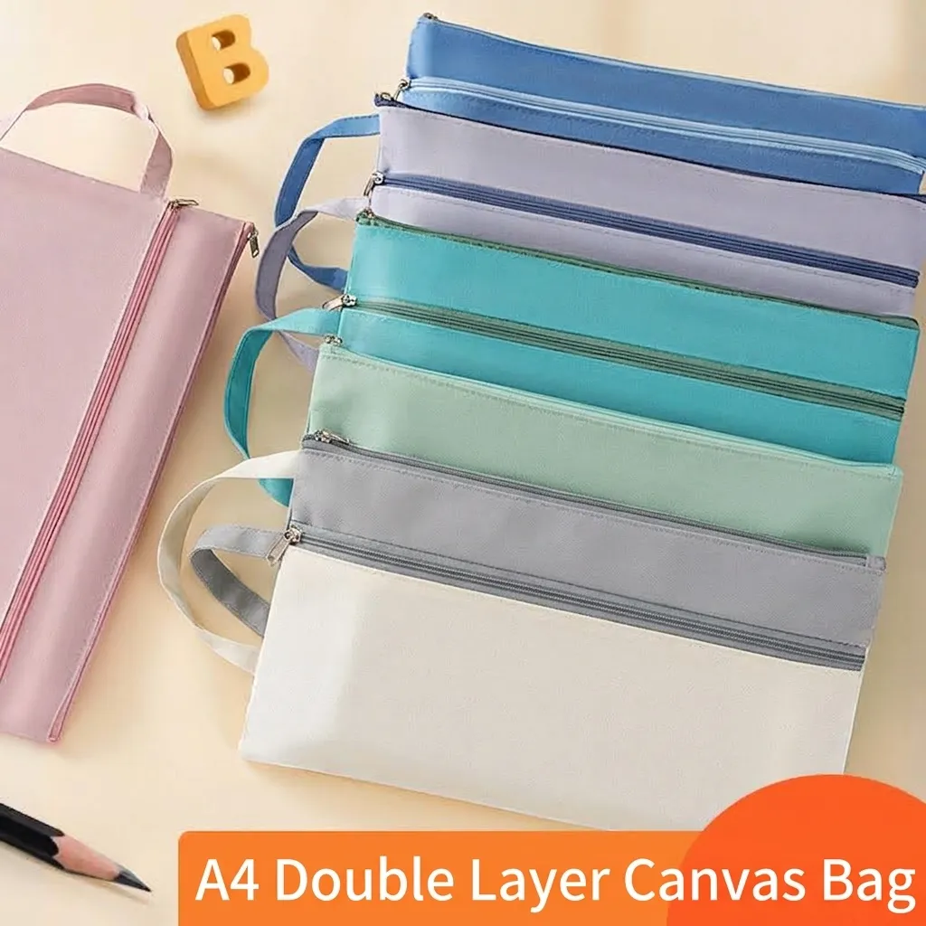Morandi A4 Canvas Document Bag Double Layer Capacity Portable Zipper File Folder Student Office Organizer Storage Pouch
