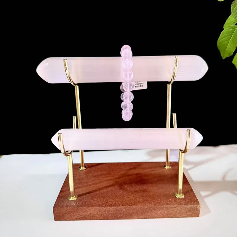 Natural Morocco Selenite Stick Jewelry Display Rack Selenite Rod Bracelet Bangle Holder With Metal Support Wood Base Home Decoration