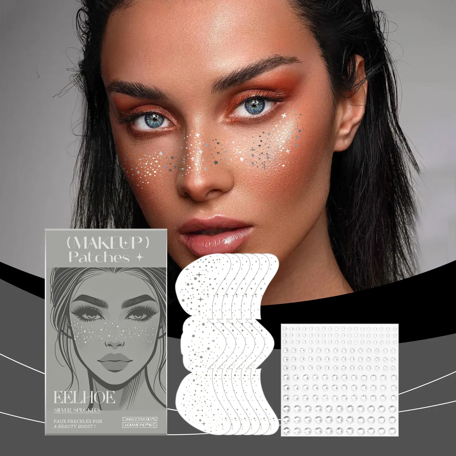 EELHOE Silver Glitter Freckle Tattoo Stickers And Rhinestones For Natural Makeup Waterproof Long Lasting Fashion Face Beauty Patch