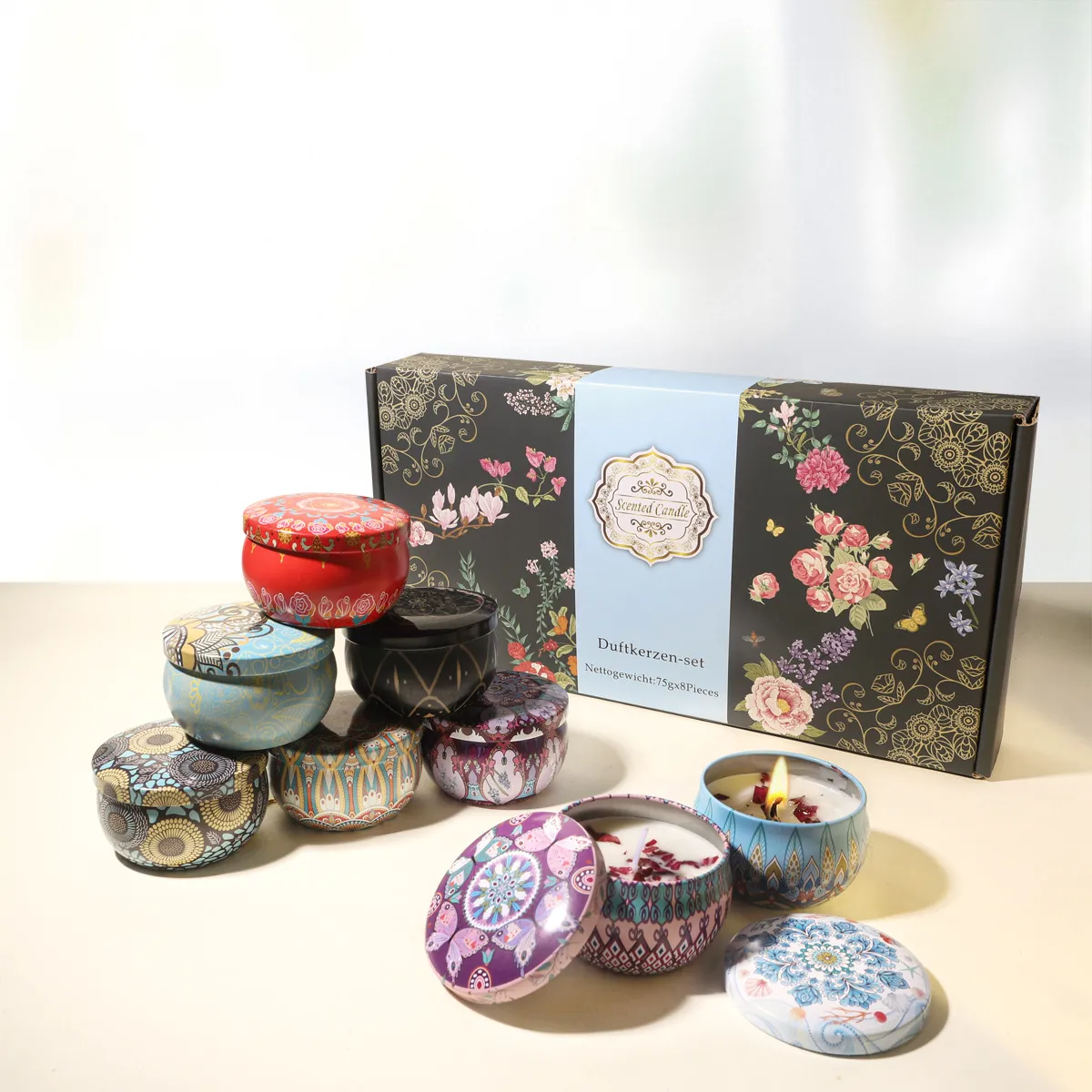 Set Regalo di 8 Candele Profumate in Cera di Soia con Fiori Secchi in Lattine di Banda Stagnata Mandala Bohemien per Natale San Valentino