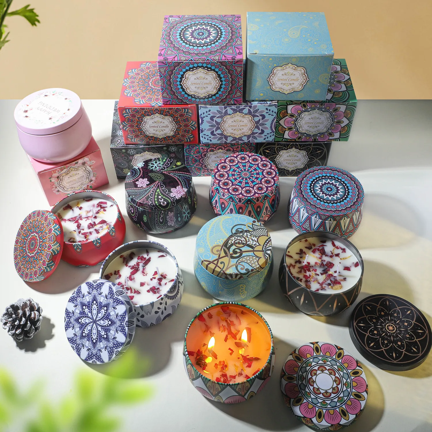 Duftkerze Sojawachs Doppeldocht Mandala Weißblech Langanhaltende Aromatherapie Kerze Für Home Decor Hochzeit Geschenk Dekoration