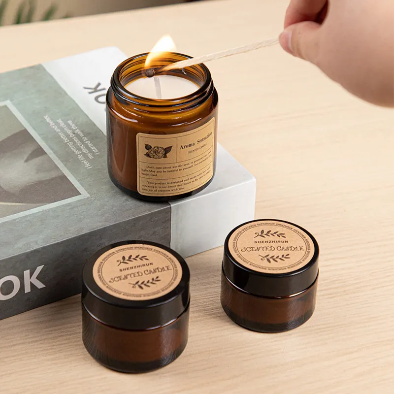 Hand-poured Soy Wax Scented Candle Amber Glass Jar Home Fragrance Aromatherapy Candle For Bedroom Living Room Decoration Gift
