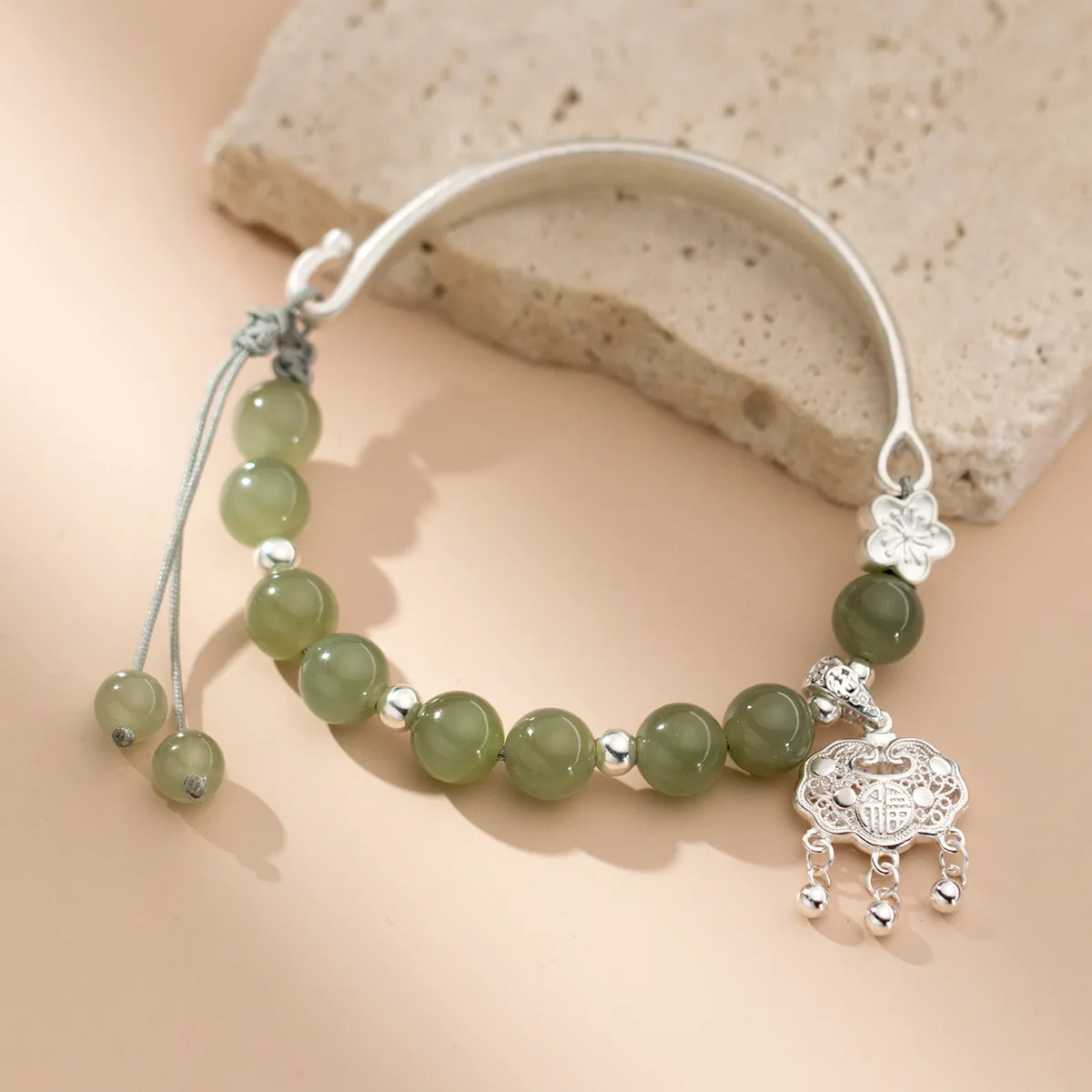 Bracciale in Argento 999 Giada Hetian Lucchetto della Pace per Donna Stile Retro Cinese Catena a Mano Fatta a Mano Regalo Gioielli