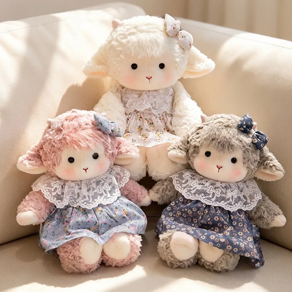Cute Lamb Plush Toy Stuffed Animal Doll With Floral Dress Lace Collar Soft Sheep Plushie Gift For Girls Children Home Decor