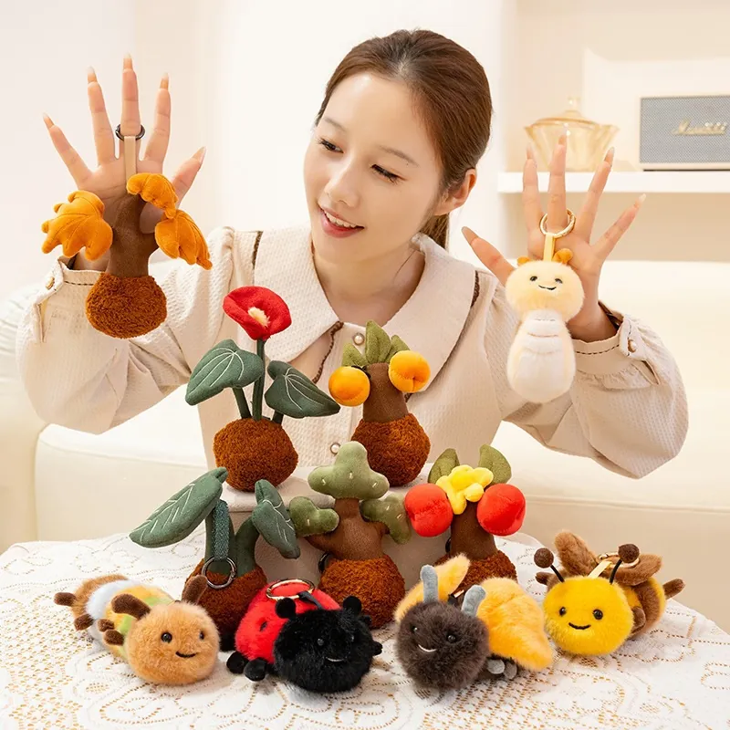 Cute Cartoon Plush Insect Plant Keychain Pendant Stuffed Bee Ladybug Snail Monstera Bag Decoration Accessory Ornament Gift