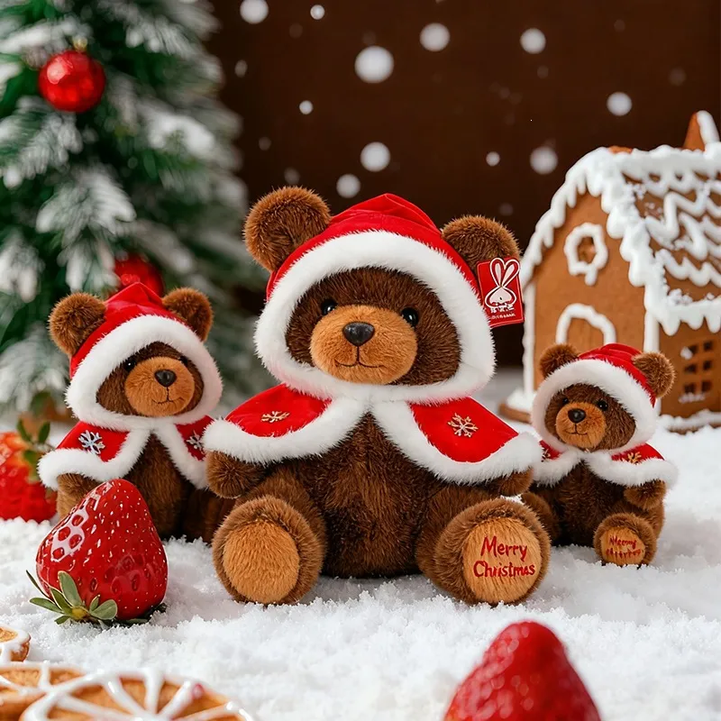 Cartoon Christmas Teddy Bear Plush Toy Red Cloak Snowflake Embroidery Brown Stuffed Animal Doll Holiday Decoration Gift