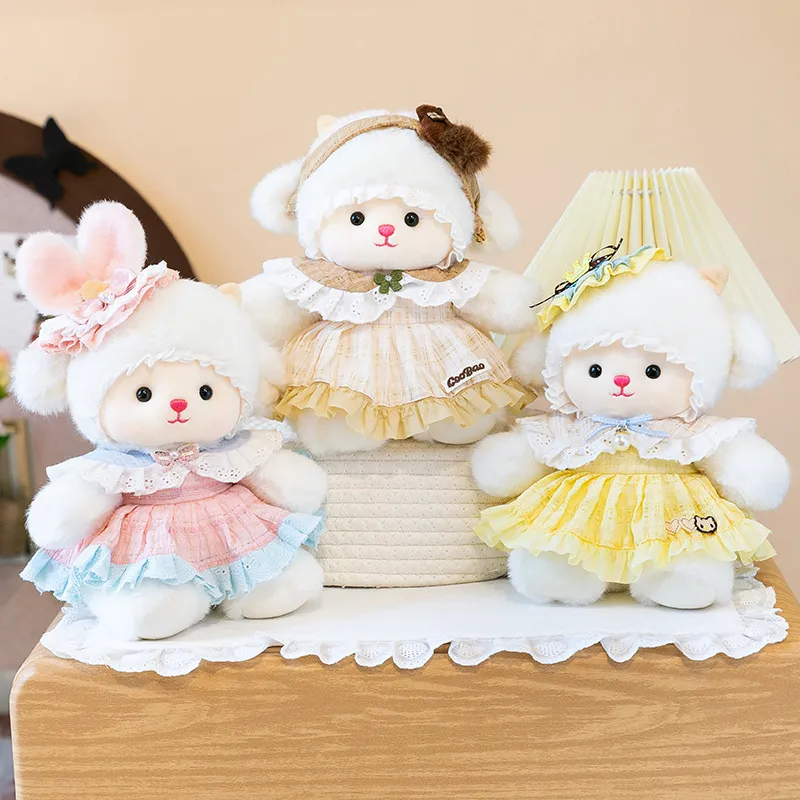 Lindo Peluche de Oveja Blanca Con Vestido de Princesa de Encaje Desmontable Cordero Relleno Muñeca de Regalo Para Niñas