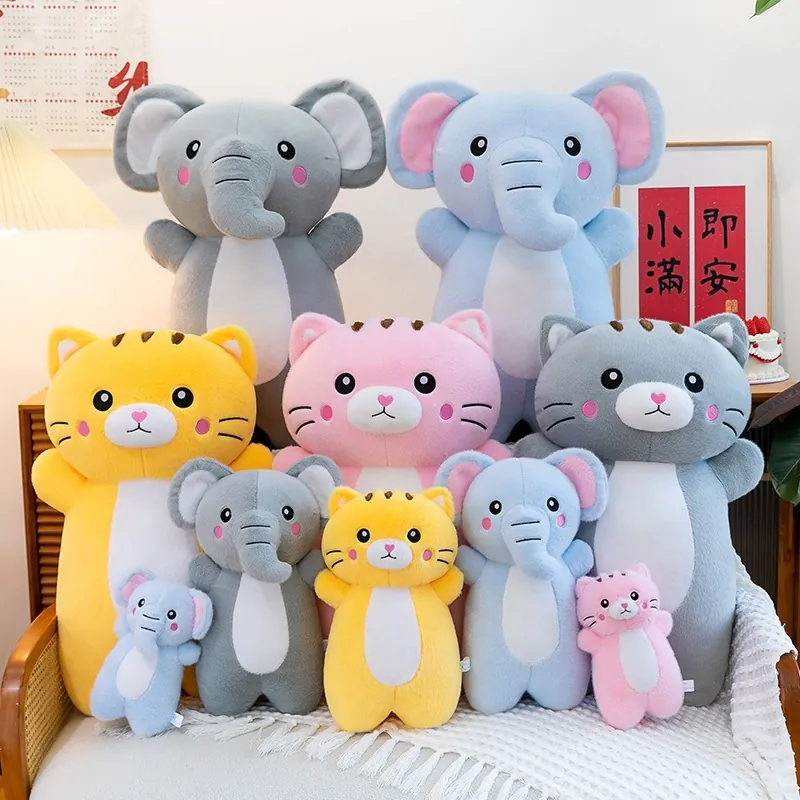 Simpatico Gatto Elefante Peluche Cuscino Morbido Animale di Peluche Bambola per Bambini Camera da Letto Divano Cuscino Compagno di Sonno Regalo di Compleanno