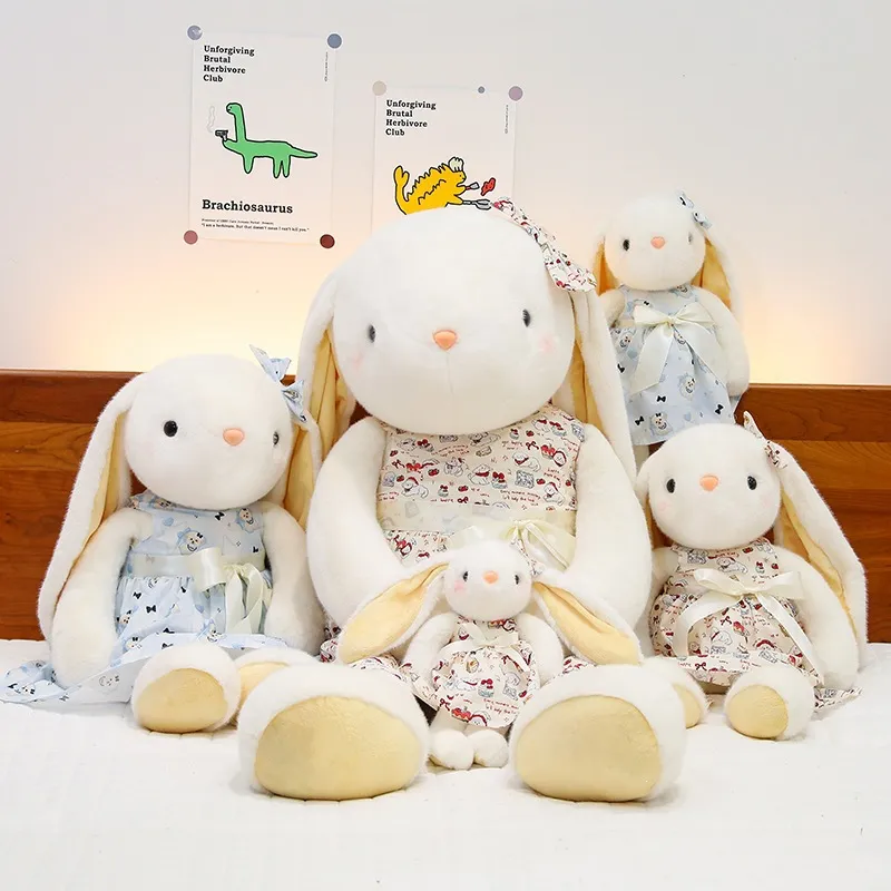 Schattig Karton Pluche Konijn Speelgoed Met Bloemenjurk Strik Zacht Knuffeldier Lange Oor Konijn Pop Kussen Decor Cadeau Voor Kinderen