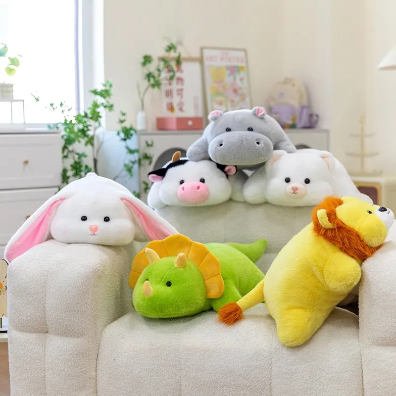 Cute Animal Plush Toy Stuffed Animal Throw Pillow Soft Lion Hippo Cow Dinosaur Rabbit Doll For Kids Home Decor Gift