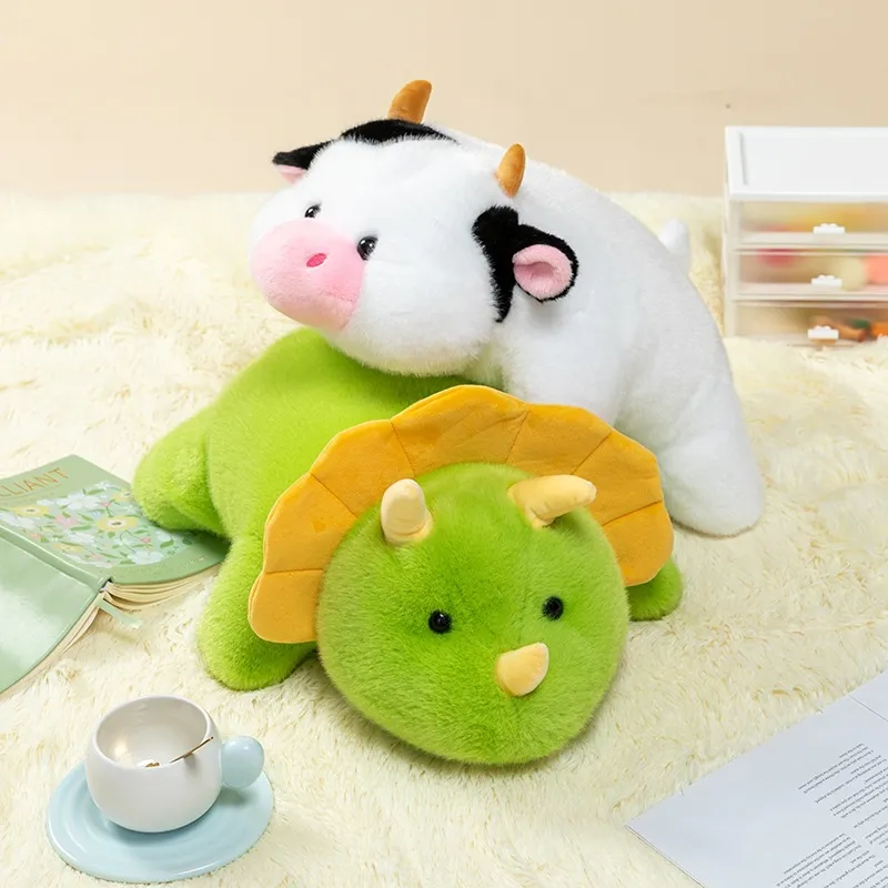 Cute Stuffed Animal Plush Toy Fluffy Soft Lying Cow Rabbit Bear Lion Hippo Dinosaur Pillow Doll Children Companion Gift
