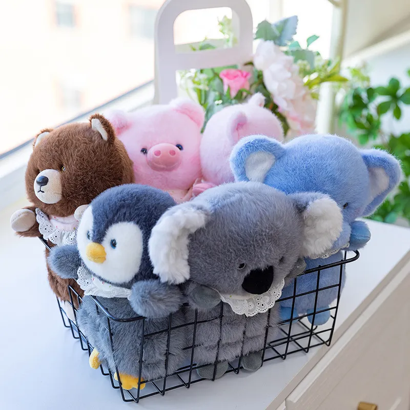 Forest Animal Plush Toy Stuffed Penguin Raccoon Elephant Bear Koala Pig Doll With Lace Collar For Kids Birthday Gift