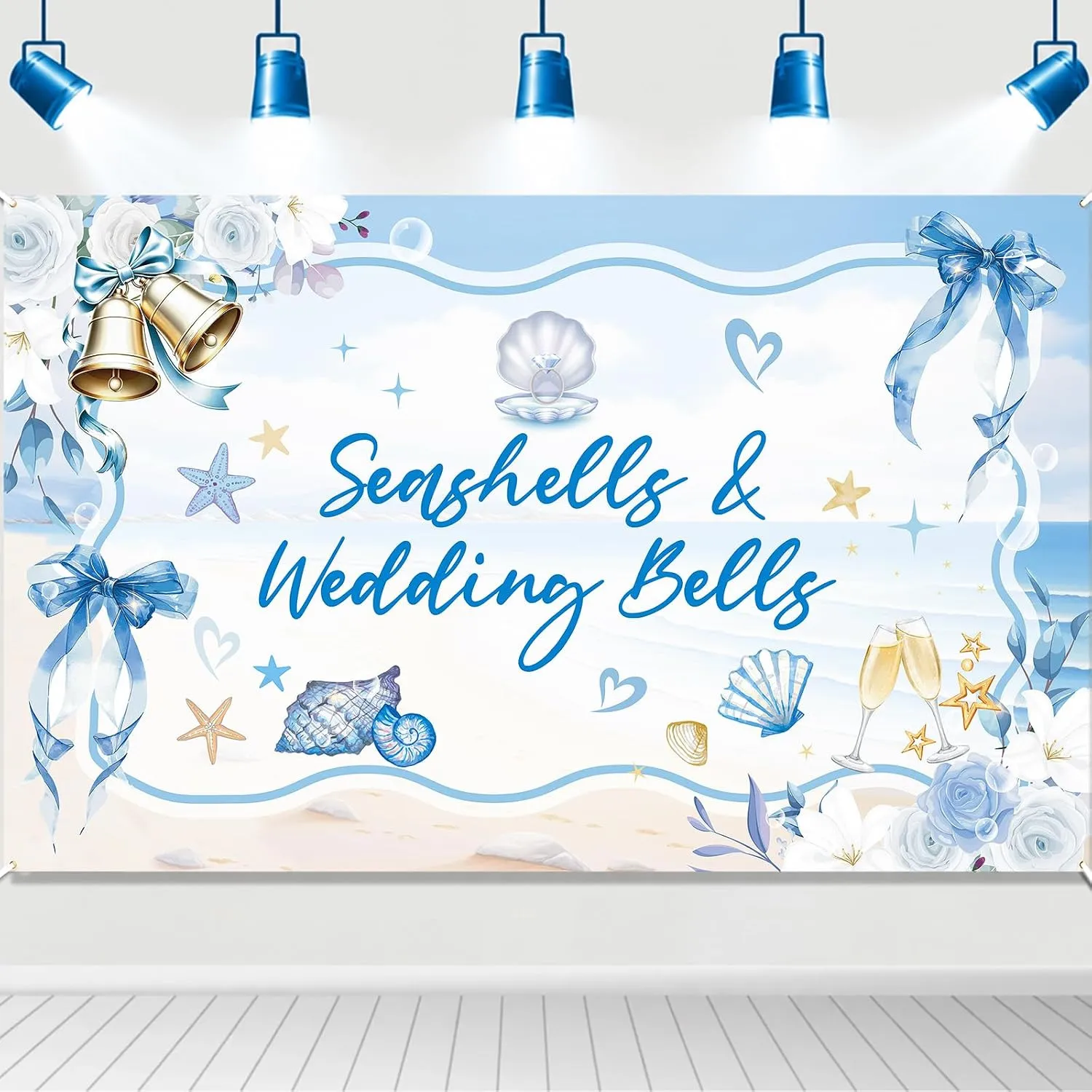 Beach Wedding Backdrop Seashells And Wedding Bells Printed Polyester Banner Photography Background For Bride Shore Party Decoration