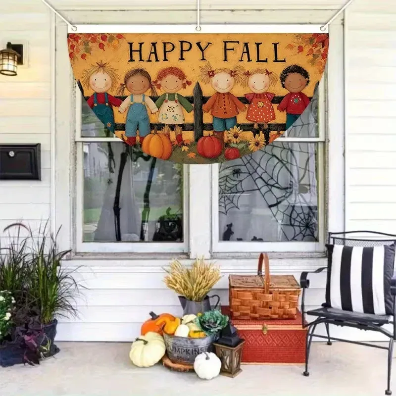 Herbst Erntedankfest Fächerförmige Fahne Cartoon Kürbis Sonnenblume Außenbereich Zaun Deko Banner Polyester Flagge Für Thanksgiving Halloween Deko