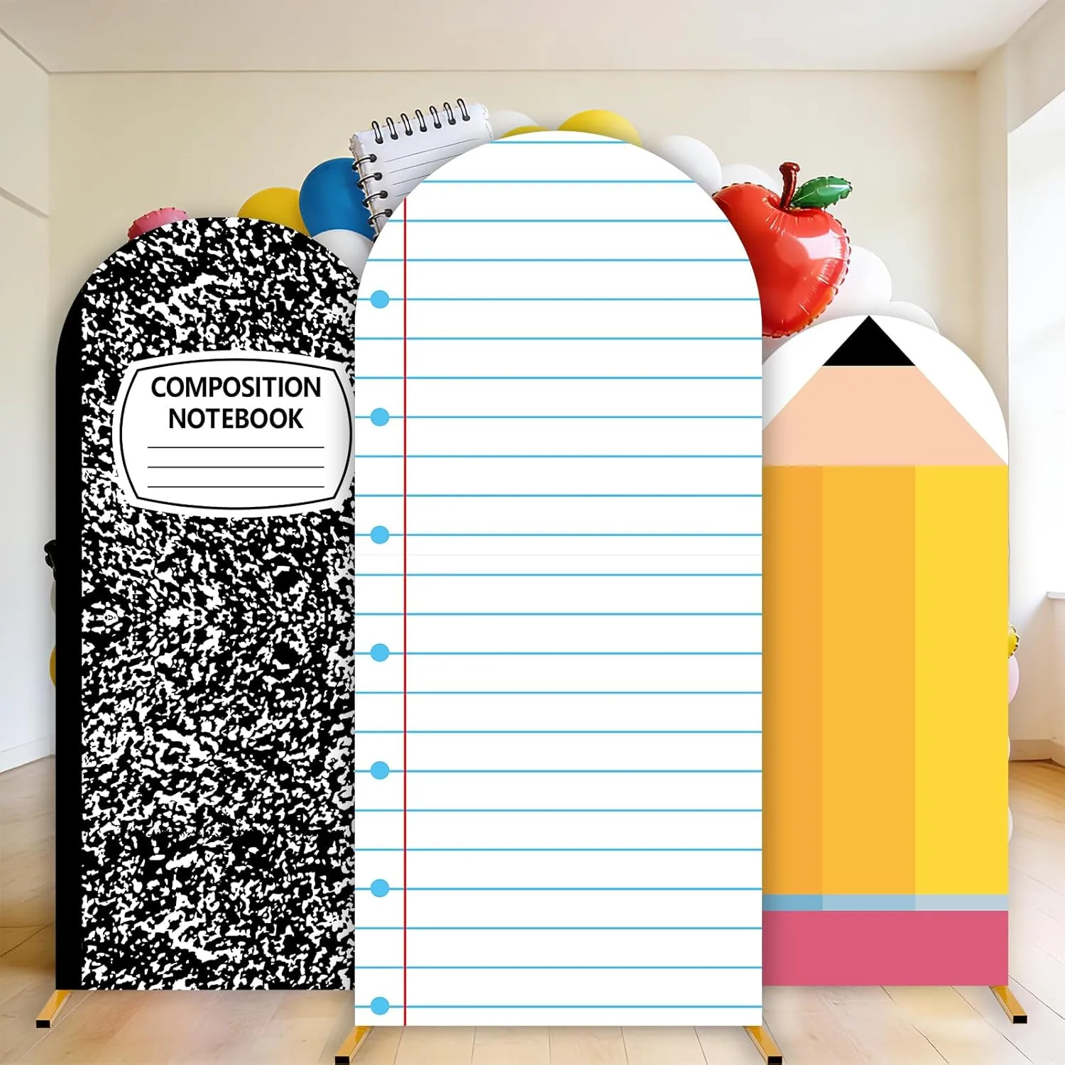 Schulanfang Gebogener Hintergrund Set Polyester Bogenabdeckung Notizbuch Bleistift Bedruckter Hintergrund Für Klassenzimmer Party Foto Deko