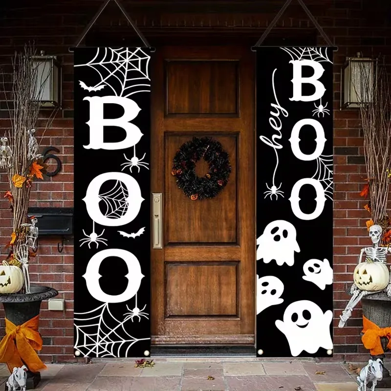 Decoración de Pancarta de Porche de Halloween Calabaza Fantasma Estampado Cartel Colgante de Puerta Decoración de Fiesta
