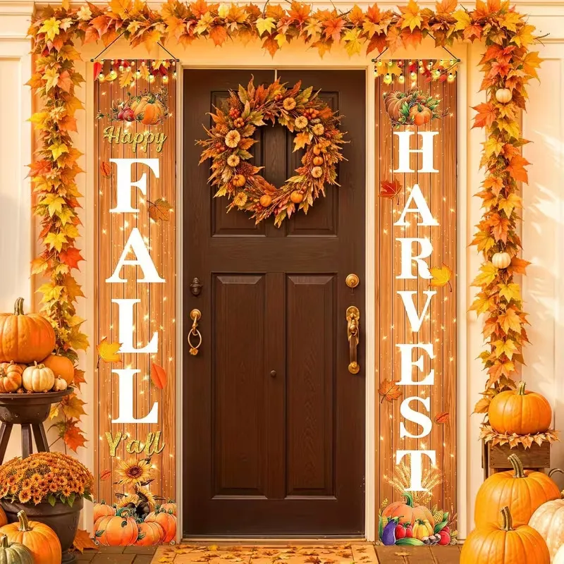Thanksgiving Door Banner Fall Couplets Polyester Outdoor Decorations Harvest Pumpkin Maple Leaf Turkey Porch Sign Set