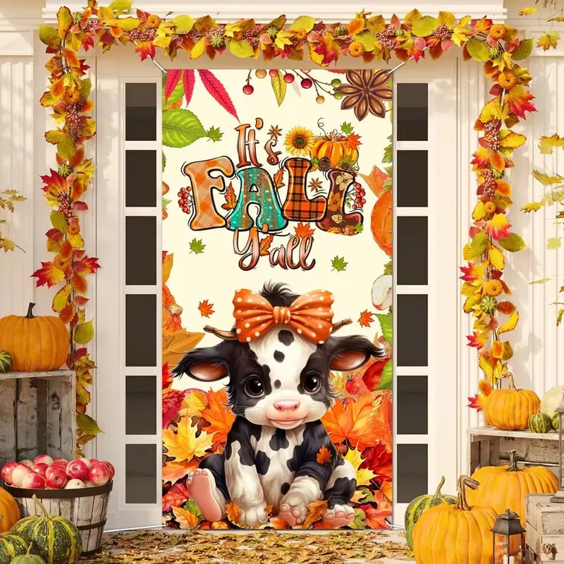 Pancarta de Puerta de Acción de Gracias de Poliéster con Pavo y Espantapájaros Estampado Animado Decoración para Fiesta de Otoño