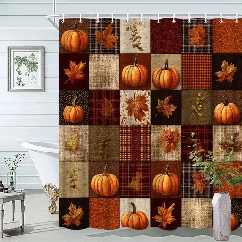 Herbst Ernte Thanksgiving Duschvorhang Wasserdicht Polyester Kürbis Blumen Ahornblatt Muster Badezimmer Dekoration Mit Haken