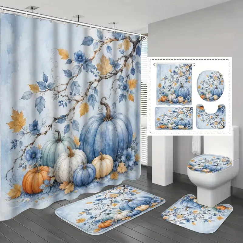 Thanksgiving Autumn Shower Curtain Bathroom Sets Polyester Waterproof Fabric Printed Plaid Floral Gnomes Pumpkins Hanging Decor Accessories