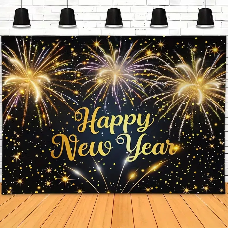 2027 Happy New Year Backdrop Polyester Black Gold Fireworks Champagne Balloons Celebration Party Photography Background Decoration