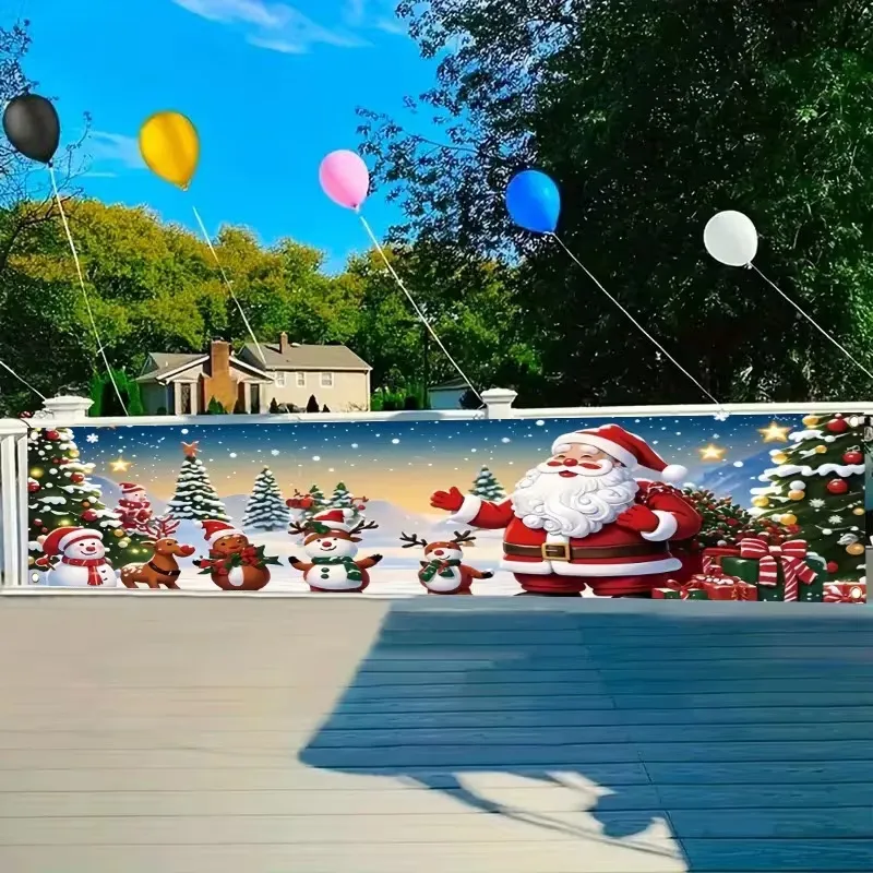 Festive Christmas Outdoor Garden Fence Banner Vintage Cartoon Printed Santa Claus Reindeer Snowman Polyester Party Backdrop Banner