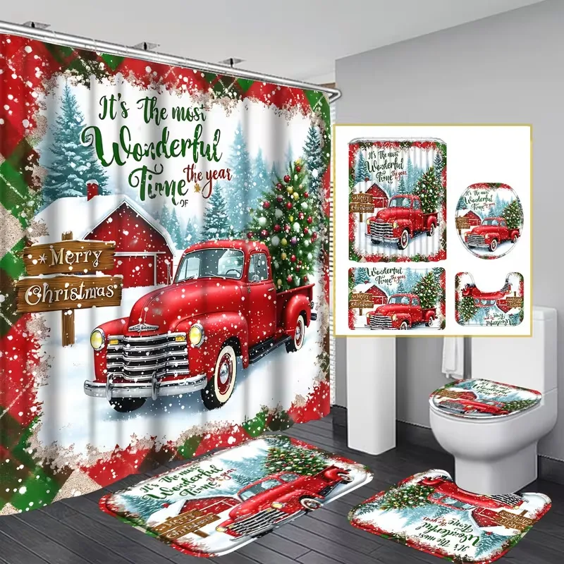 Christmas Theme Bathroom Set Polyester Waterproof Shower Curtain With Non-Slip Rug Toilet Lid Cover U-Shaped Mat Decor (YL-0314)