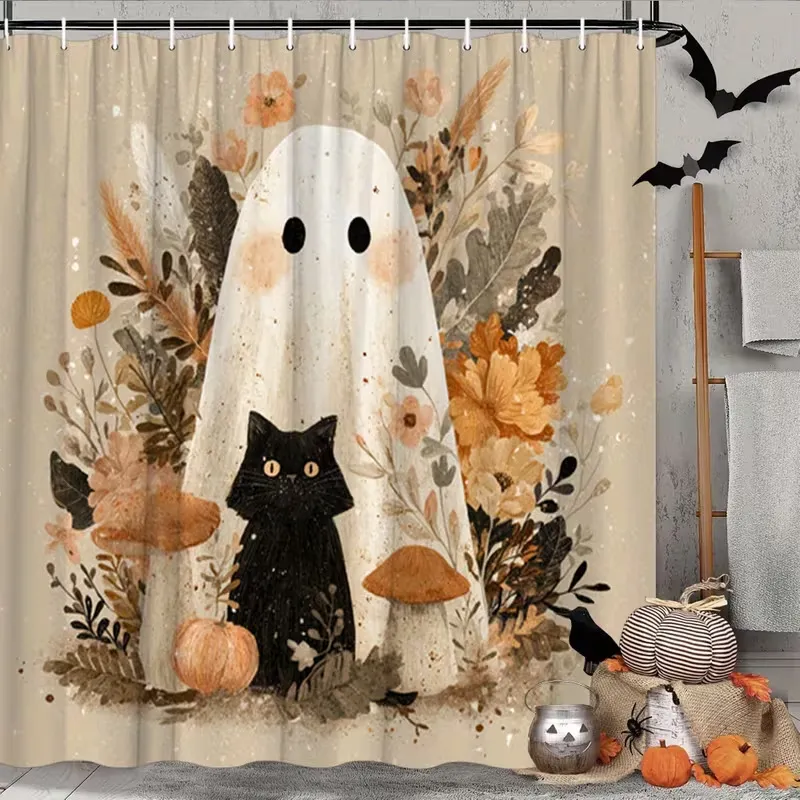 Halloween Cartoon Ghost Pumpkin Printed Waterproof Polyester Shower Curtain Set For Bathroom Home Decor Party Supplies