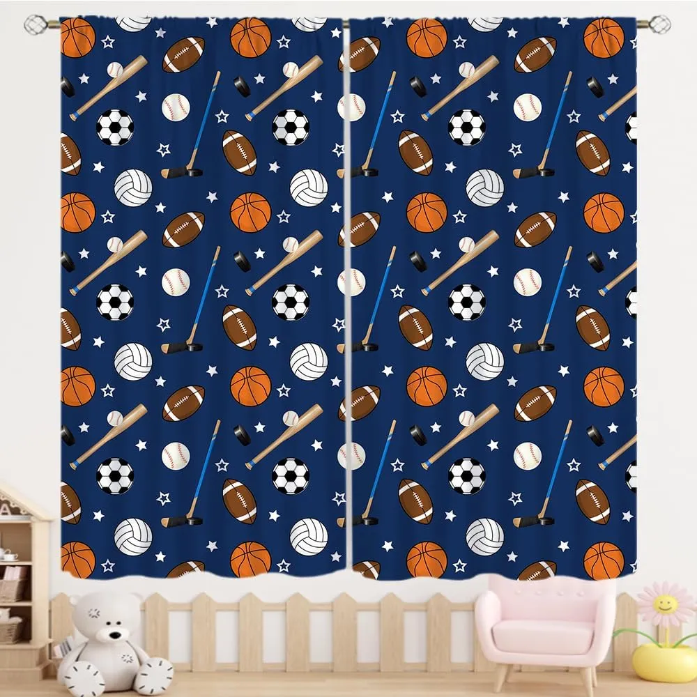 Sports Ball Pattern Curtains For Kids Room Basketball Football Print Polyester Window Drapes For Bedroom Two Panels Home Decor