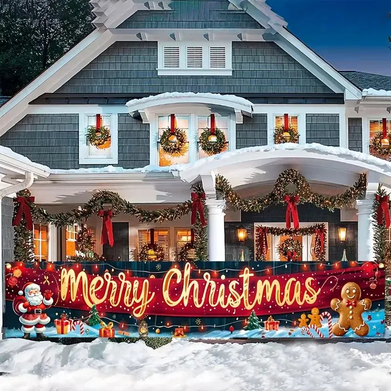 Vrolijk Kerstfeest Banner Buiten Tuin Hek Decoratie Groot Feestelijk Kersttuinbord Polyester Stof Hangende Vakantiefeest Achtergrond
