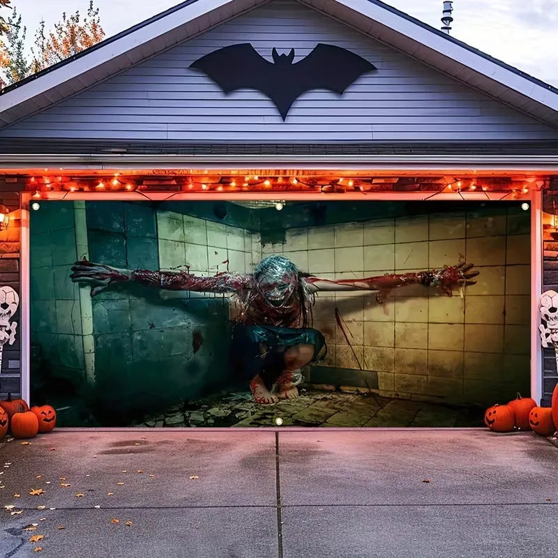 Pancarta de Puerta de Garaje de Halloween Decoración de Fiesta de Terror de Fantasma Zombi Espeluznante Tapiz de Poliéster Mural