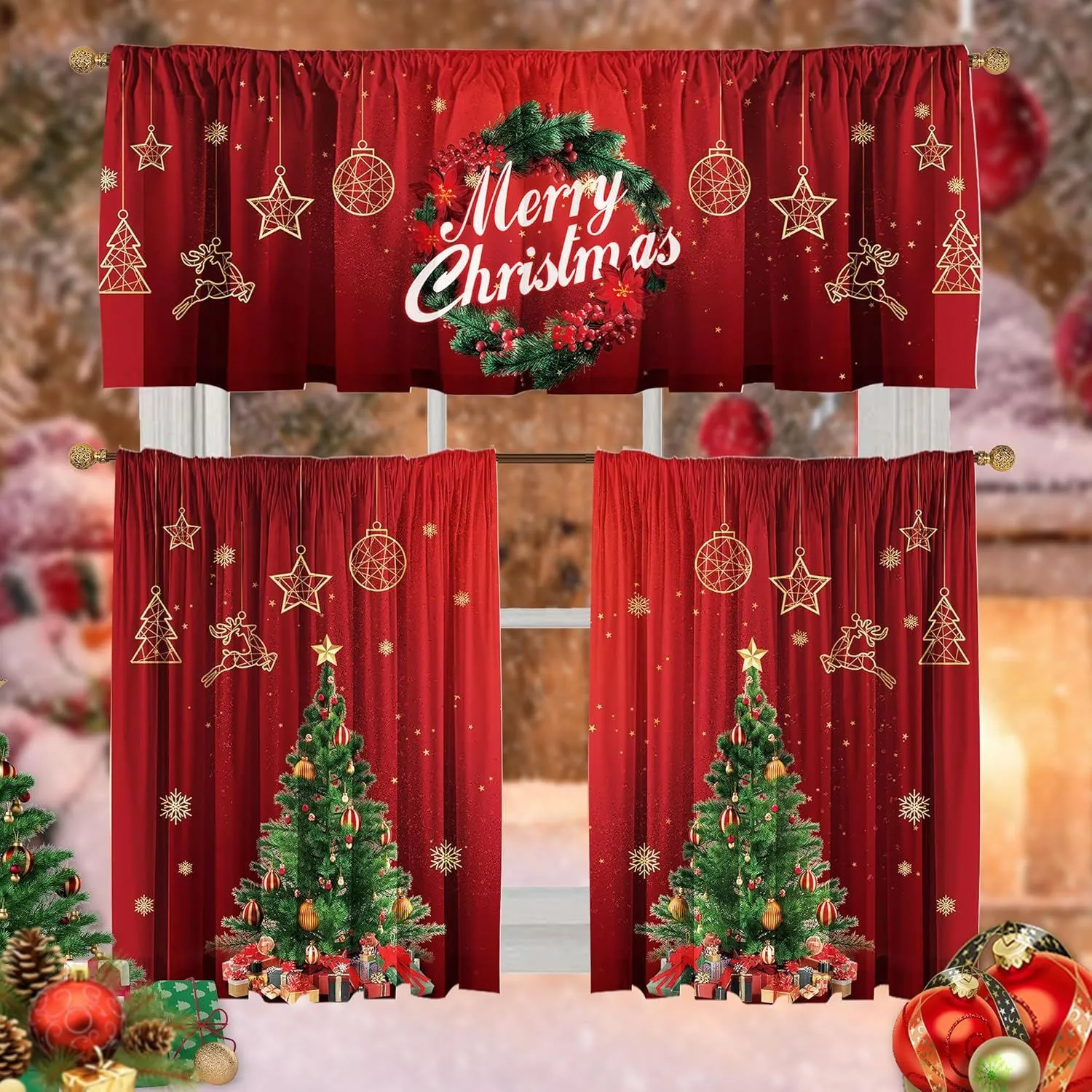 Weihnachten Küche Vorhänge Schabracke Polyester Bedruckt Rot Schneeflocken Muster Stangentasche Fensterbehandlung Für Winter Haus Feiertag Party Deko