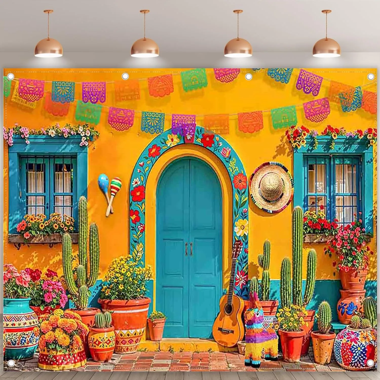 Mexicaans Carnaval Feest Achtergrond Fotografie Achtergronddoek Bloemen Cactus Gitaar Fiesta Feest Decoratie Wandtapijt