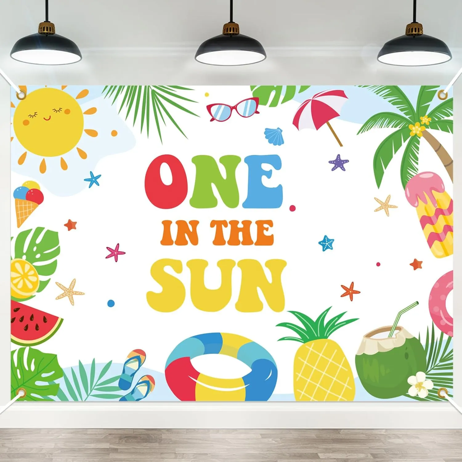Summer Beach Party Backdrop Cloth Cartoon Sun Palm Tree Printed Background Tapestry For Kids Birthday Swimming Pool Gathering Ambiance Decoration Banner