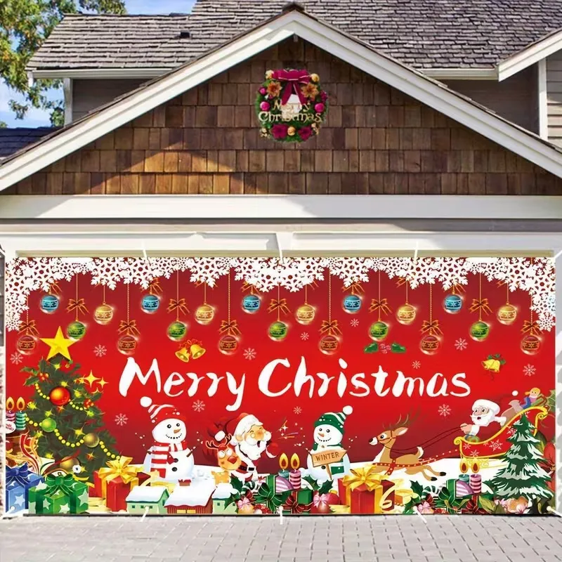 Large Christmas Garage Door Banner Outdoor Holiday Decoration Polyester Festive Party Backdrop Hanging Winter Snow Scene House Banner