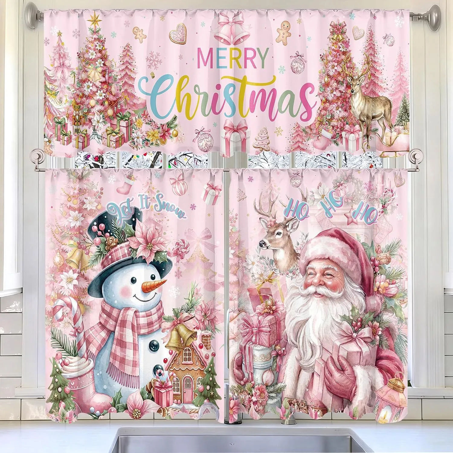 Weihnachten Küchenvorhang Set Polyester Weihnachtsmann Lebkuchenmann Fensterdecke Stufen Festliche Feiertagsdekoration