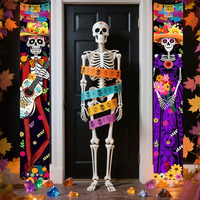 Mexikanische Tag Der Toten Türbanner Zucker Schädel Paar Floral Halloween Willkommen Banner Für Outdoor Indoor Party Dekor