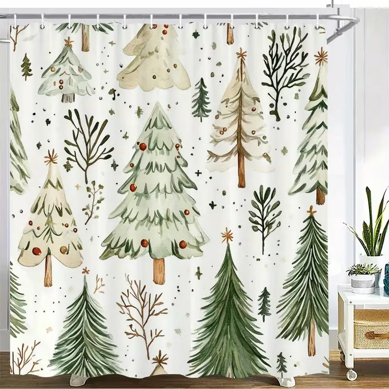 Watercolor Christmas Tree Shower Curtain Waterproof Polyester Bathroom Decor Festive Christmas Themed Shower Curtain For Home Bathroom Holiday Decoration
