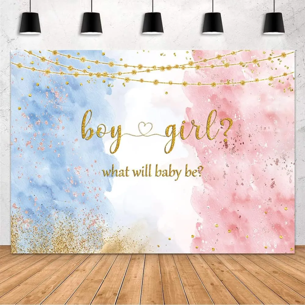 Fondo de Fiesta de Revelación de Género Niño O Niña Azul Rosa Dorado Brillo Acuarela Tela de Fondo de Poliéster Decoración de Baby Shower