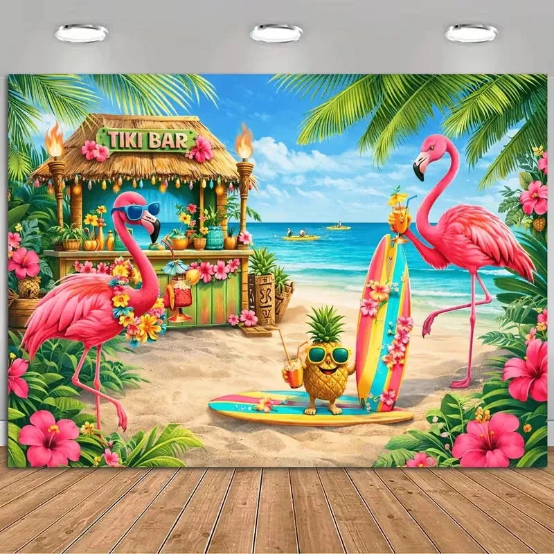 Hawaïaanse Zomer Strandfeest Achtergrond Tropische Palmbladeren Flamingo Ananas Patroon Fotografie Achtergrond Wandtapijt Thuis Feestdecoraties